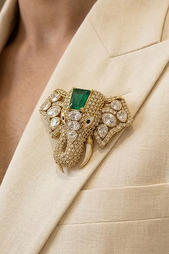 Gold Finish Crystal & Emerald Stone Brooch by Prestones at Pernia's Pop Up Shop