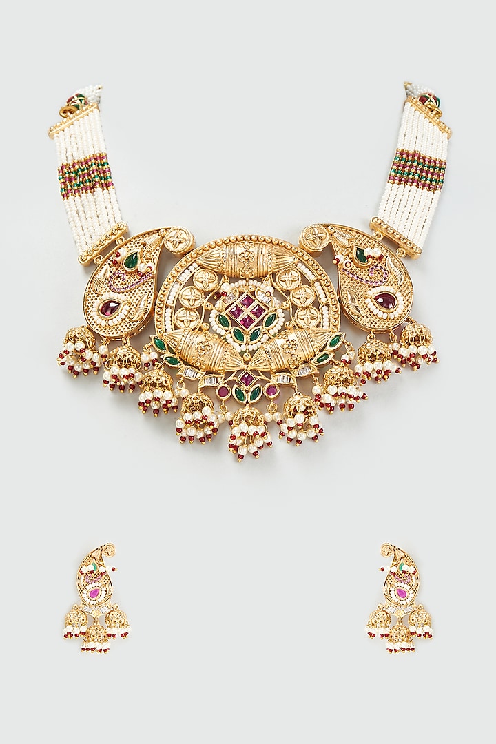 Gold Finish Pearls Temple Necklace Set by Prestones at Pernia's Pop Up Shop