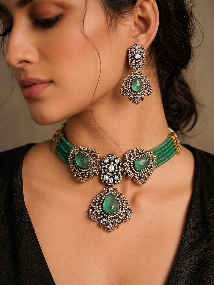 Gold Finish Kundan Polki & Jade Beads Choker Necklace Set by Prestones at Pernia's Pop Up Shop