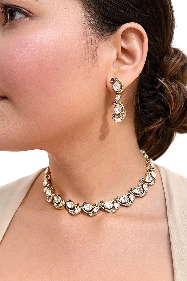 Gold Finish Kundan Polki Choker Necklace Set by Prestones at Pernia's Pop Up Shop