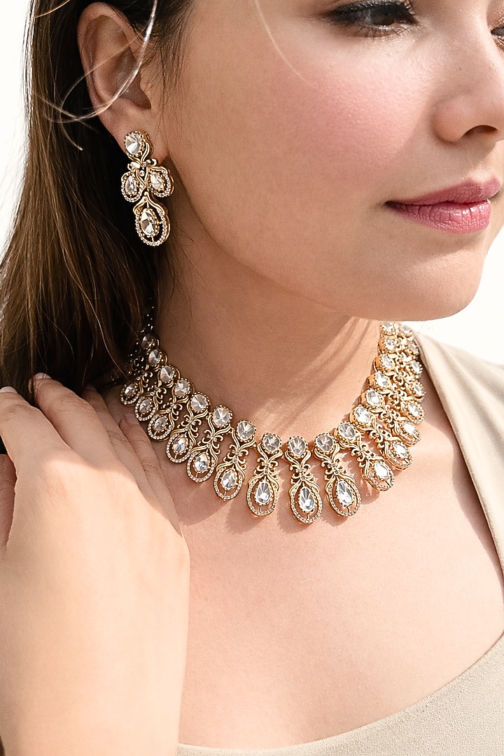 Gold Finish Kundan Polki Choker Necklace Set by Prestones at Pernia's Pop Up Shop
