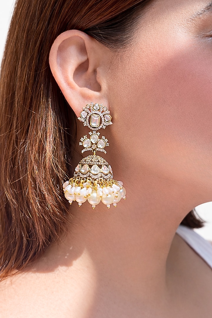 Antique Gold Finish Kundan Polki & Pearl Jhumka Earrings by Prestones at Pernia's Pop Up Shop