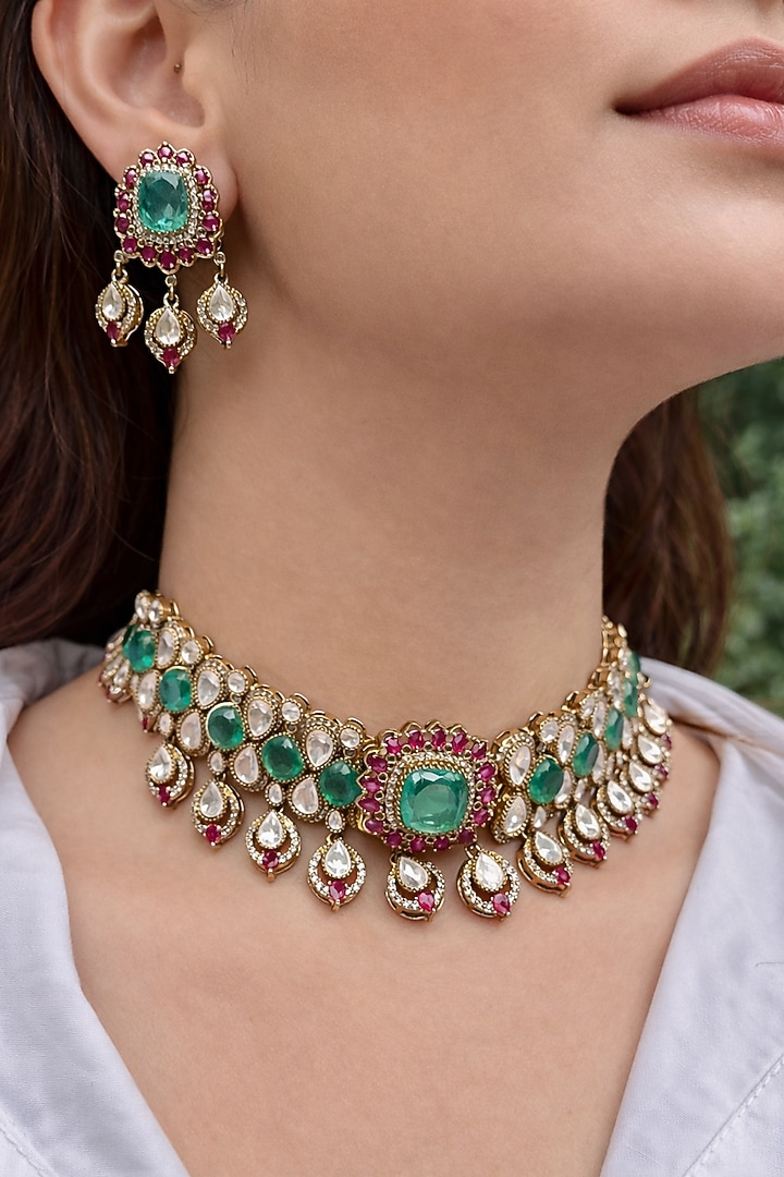 Gold Finish Moissanite Polki & Green Crystal Choker Necklace Set by Prestones at Pernia's Pop Up Shop