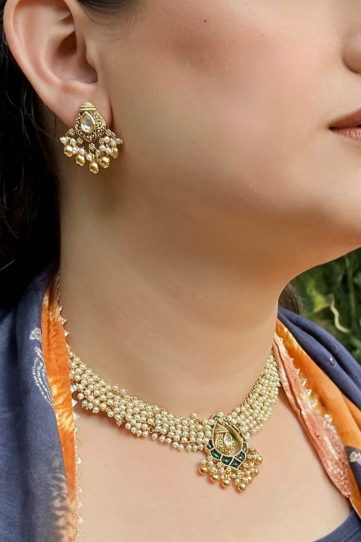 Gold Finish Pearl Temple Choker Necklace Set by Prestones at Pernia's Pop Up Shop