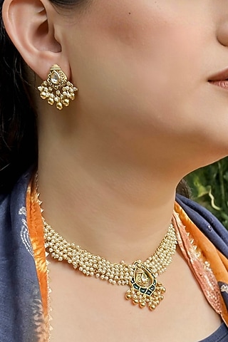 Gold Finish Pearl Temple Choker Necklace Set by Prestones