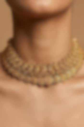 Gold Finish Multi-Colored Stone Temple Choker Necklace Set by Prestones at Pernia's Pop Up Shop