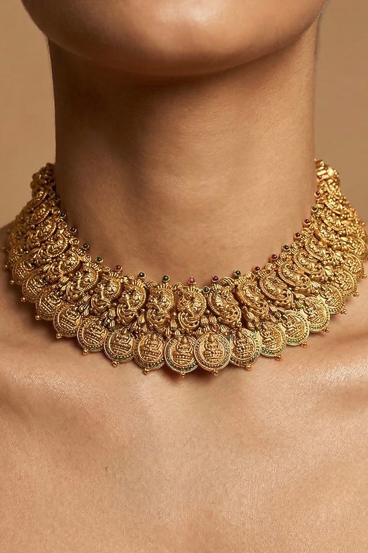 Gold Finish Multi-Colored Stone Temple Choker Necklace Set by Prestones at Pernia's Pop Up Shop