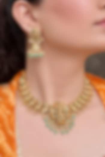 Gold Finish Green Stone Temple Choker Necklace Set by Prestones at Pernia's Pop Up Shop