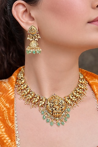 Gold Finish Green Stone Temple Choker Necklace Set by Prestones