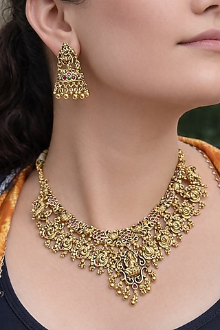 Gold Finish Multi-Colored Stone Temple Choker Necklace Set by Prestones
