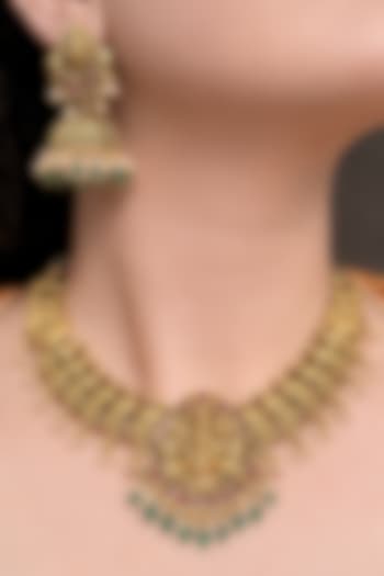 Gold Finish Multi-Colored Stone Temple Choker Necklace Set by Prestones at Pernia's Pop Up Shop