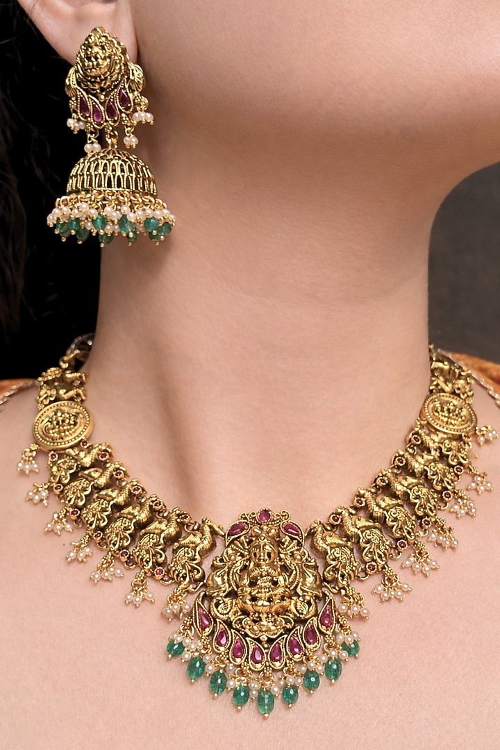 Gold Finish Multi-Colored Stone Temple Choker Necklace Set by Prestones at Pernia's Pop Up Shop