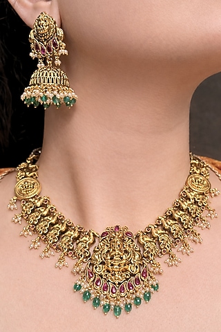 Gold Finish Multi-Colored Stone Temple Choker Necklace Set by Prestones