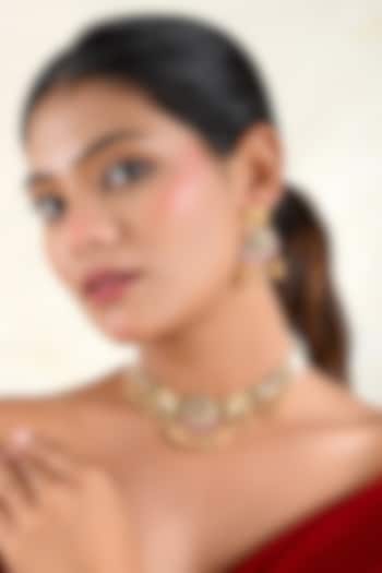 Gold Finish Zircon & Emerald Green Stone Temple Choker Necklace Set by Prestones at Pernia's Pop Up Shop