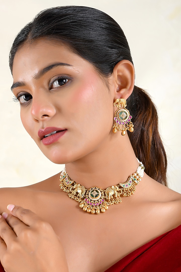 Gold Finish Zircon & Emerald Green Stone Temple Choker Necklace Set by Prestones at Pernia's Pop Up Shop