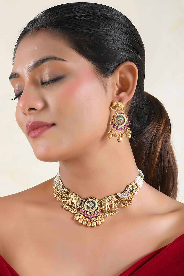 Gold Finish Zircon & Emerald Green Stone Temple Choker Necklace Set by Prestones at Pernia's Pop Up Shop