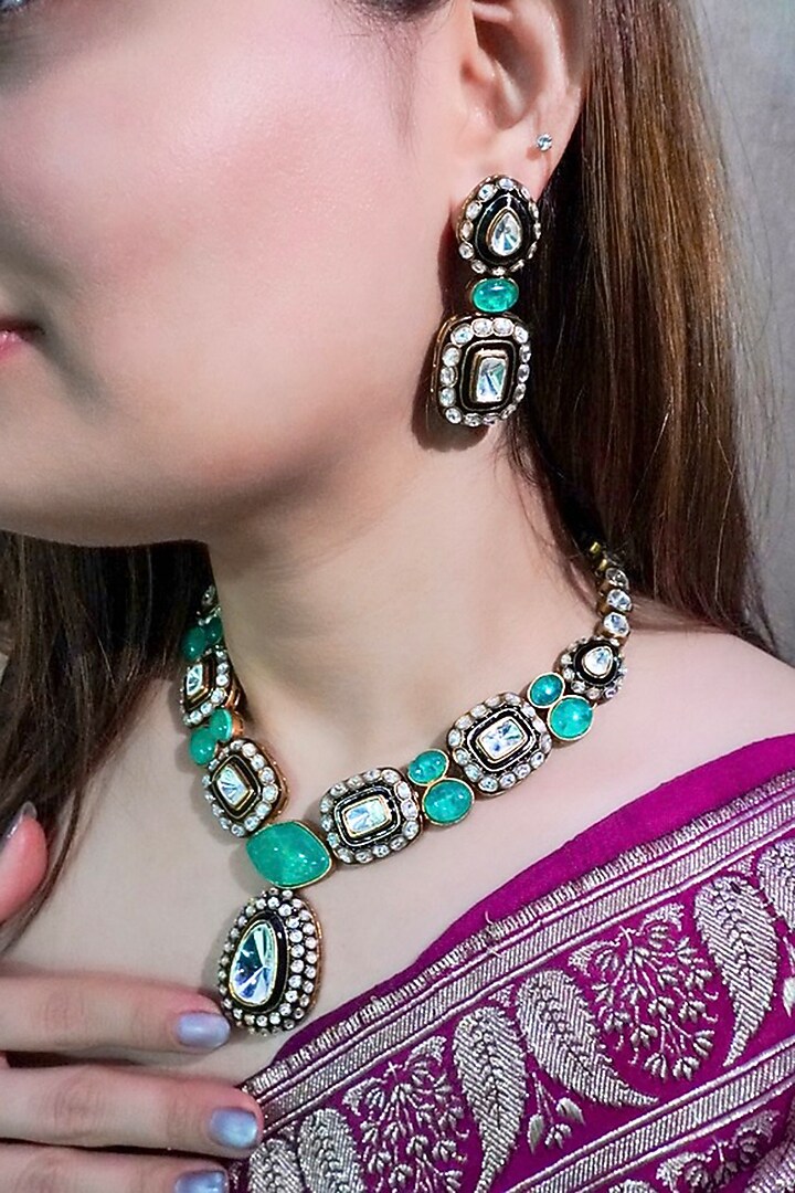 Gold Finish Mint Panna Stone & Kundan Polki Long Necklace Set by Prestones at Pernia's Pop Up Shop