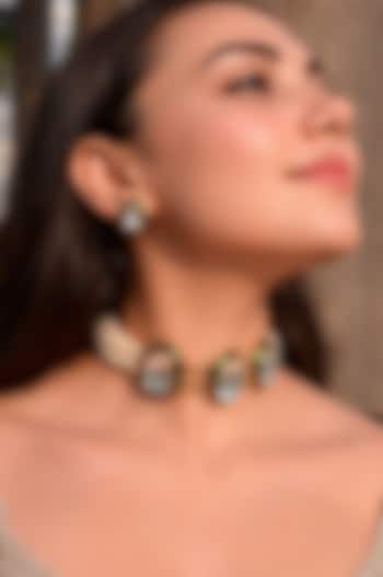 Gold Finish Pearl & Kundan Polki Meenakari Enameled Choker Necklace Set by Prestones at Pernia's Pop Up Shop