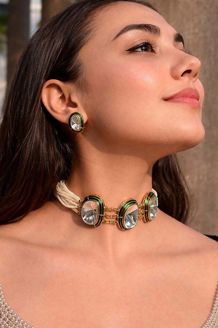 Gold Finish Pearl & Kundan Polki Meenakari Enameled Choker Necklace Set by Prestones at Pernia's Pop Up Shop