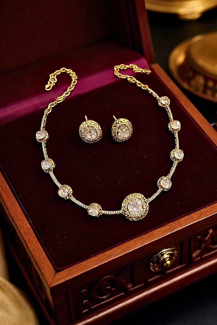 Antique Gold Finish Zircon & Champagne Kundan Polki Choker Necklace Set by Prestones at Pernia's Pop Up Shop