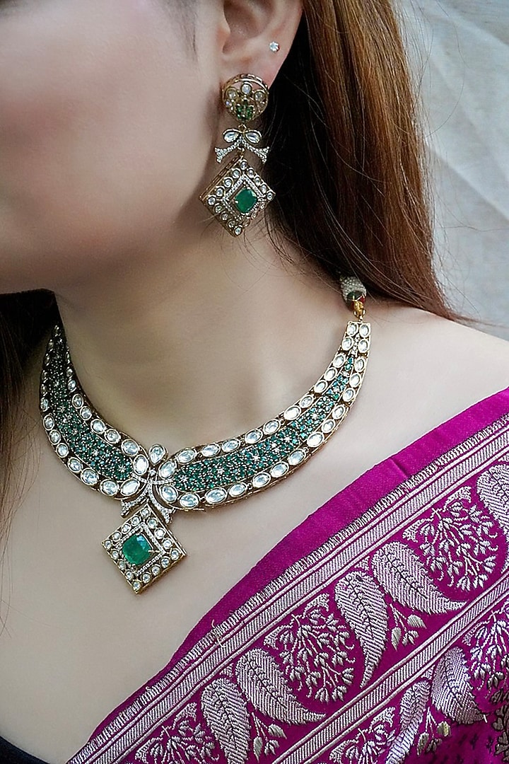 Gold Finish Kundan Polki & Green Stone Choker Necklace Set by Prestones at Pernia's Pop Up Shop