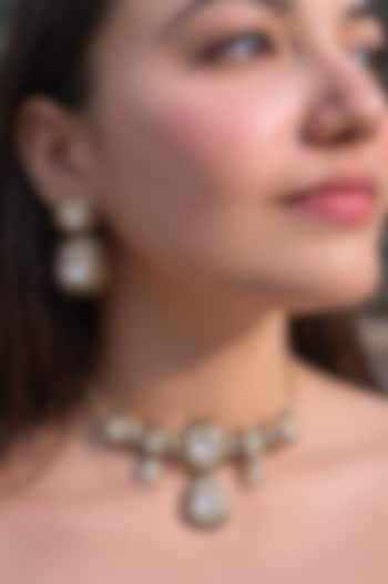 Gold Finish Kundan Polki & Zircon Meenakari Choker Necklace Set by Prestones at Pernia's Pop Up Shop