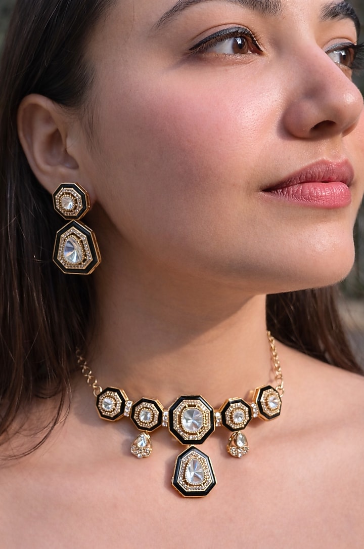 Gold Finish Kundan Polki & Zircon Meenakari Choker Necklace Set by Prestones at Pernia's Pop Up Shop