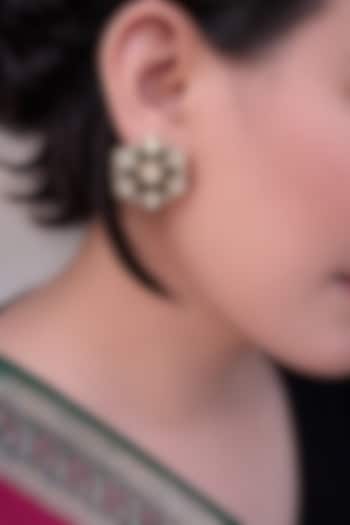 Gold Finish Uncut Kundan Polki & Emerald Stud Earrings by Prestones at Pernia's Pop Up Shop