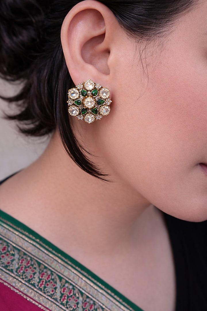 Gold Finish Uncut Kundan Polki & Emerald Stud Earrings by Prestones at Pernia's Pop Up Shop