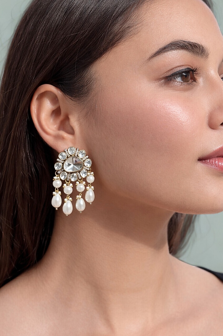 Gold Finish Kundan Polki & Pearl Dangler Earrings by Prestones at Pernia's Pop Up Shop