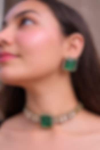 Gold Finish Kundan Polki & Emerald Stone Choker Necklace Set by Prestones at Pernia's Pop Up Shop