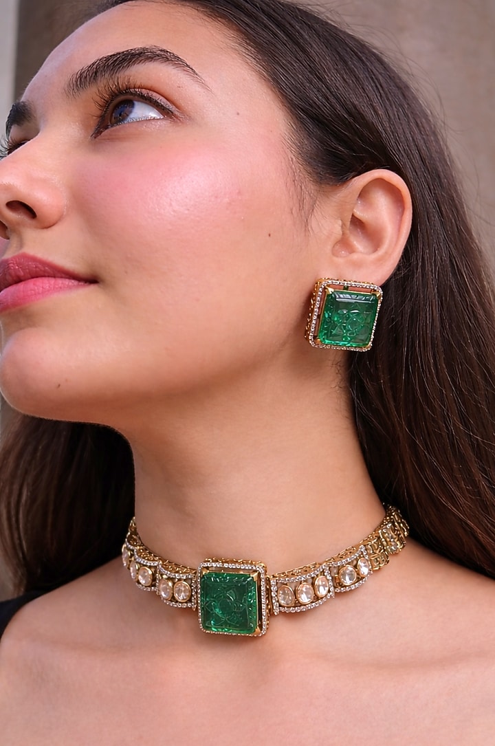 Gold Finish Kundan Polki & Emerald Stone Choker Necklace Set by Prestones at Pernia's Pop Up Shop