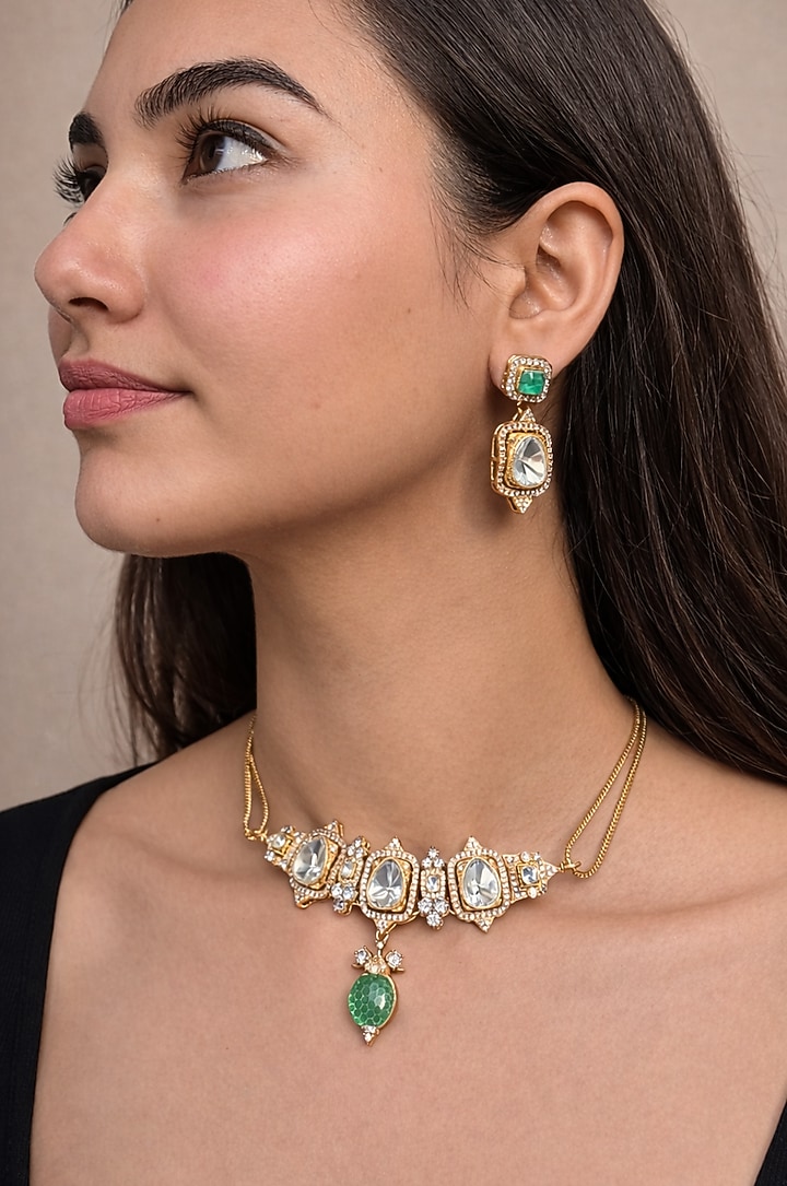 Gold Finish Kundan Polki & Emerald Choker Necklace Set by Prestones at Pernia's Pop Up Shop