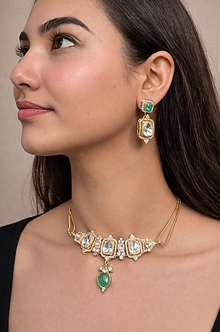 Gold Finish Kundan Polki & Emerald Choker Necklace Set by Prestones