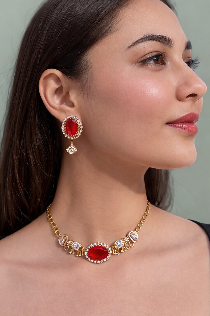 Gold Finish Kundan Polki & Ruby Choker Necklace Set by Prestones at Pernia's Pop Up Shop