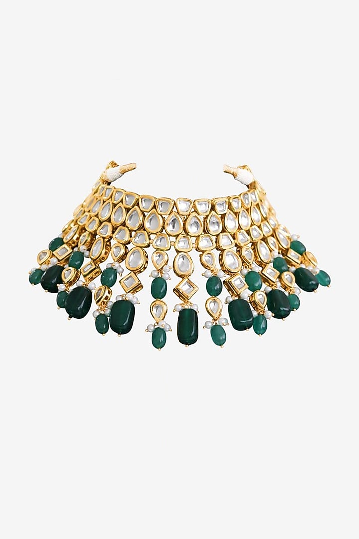Gold Plated Kundan Polki & Precious Carved Beaded Necklace by Prerto at Pernia's Pop Up Shop