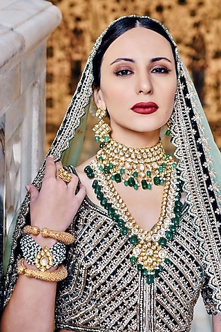 Gold Plated Kundan Polki & Precious Carved Beaded Necklace by Prerto