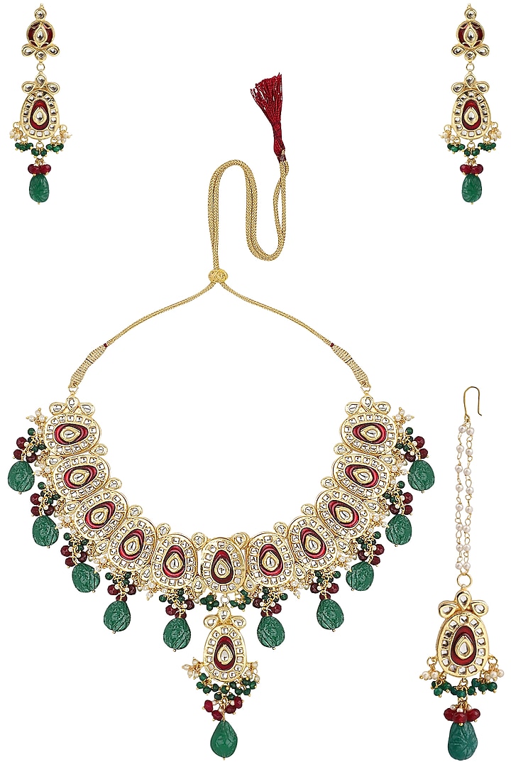 Gold Finish Kundan, Green Stones and Meenakari Necklace Set by Parure