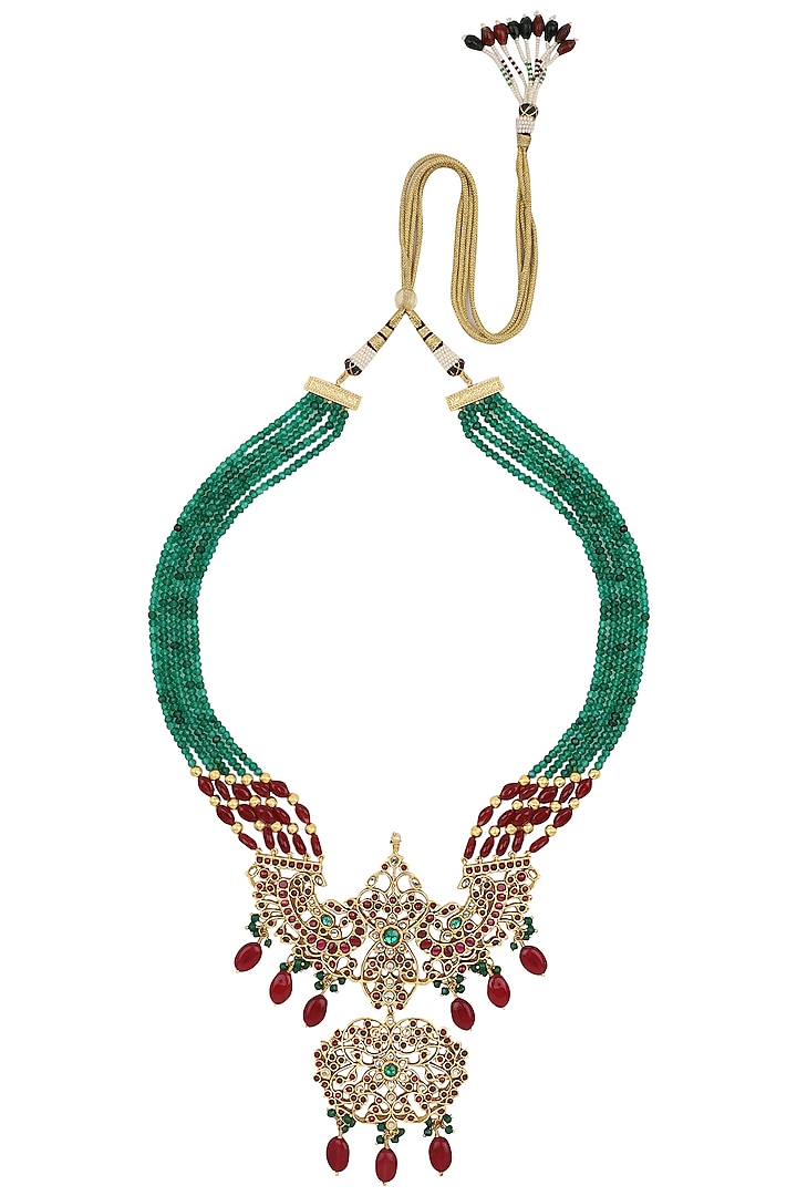 Gold Finish Pink Gems, Zircons and Green Crystals Necklace by Parure