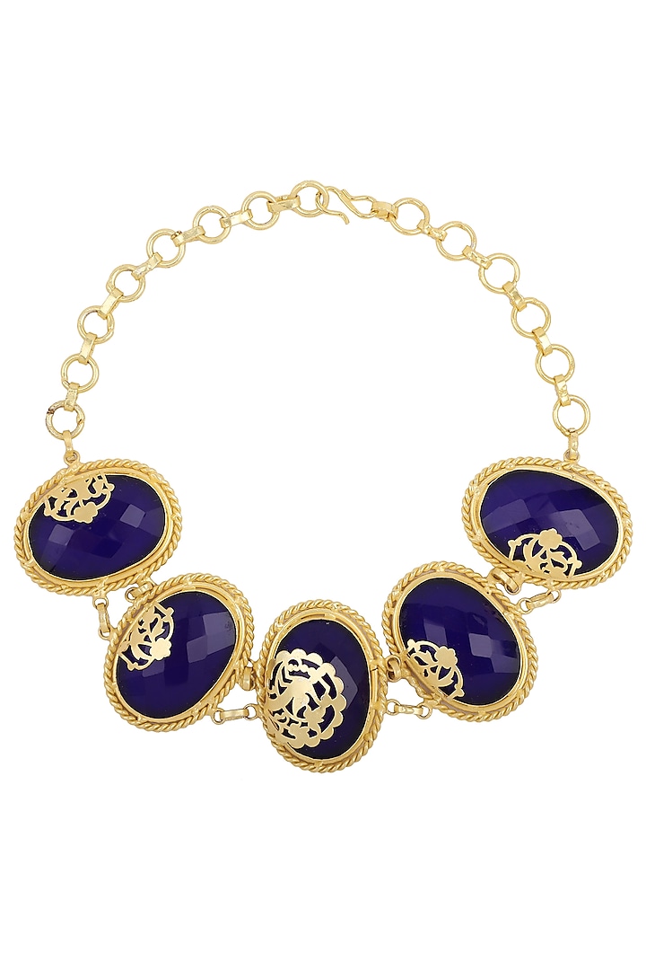 Gold Finish Blue Gems Choker Necklace by Parure