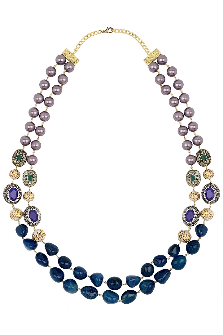 Gold Finish Lapis and Mauve Pearls Necklace by Parure
