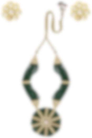 Matte Finish Polki and Emerald Green Beads Necklace Set by Parure