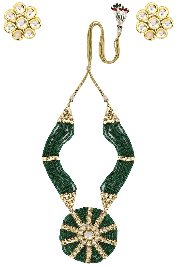 Matte Finish Polki and Emerald Green Beads Necklace Set by Parure
