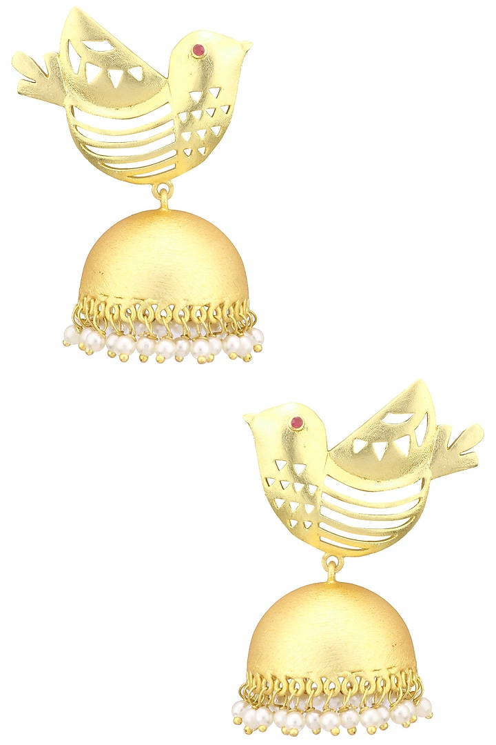 Matte finish bird motif jhumki earrings available only at Pernia's Pop Up Shop.