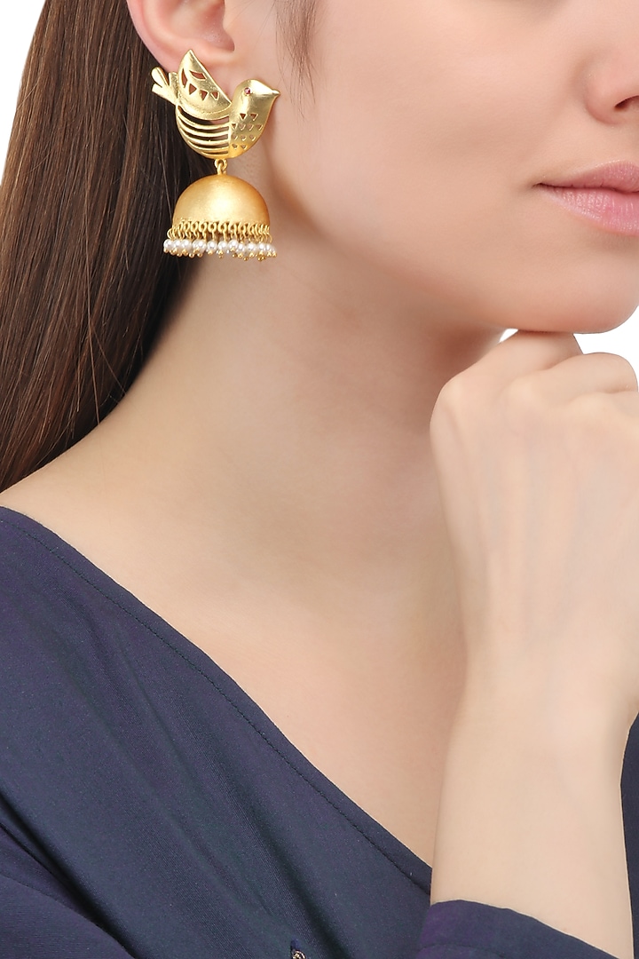 Matte finish bird motif jhumki earrings available only at Pernia's Pop Up Shop.