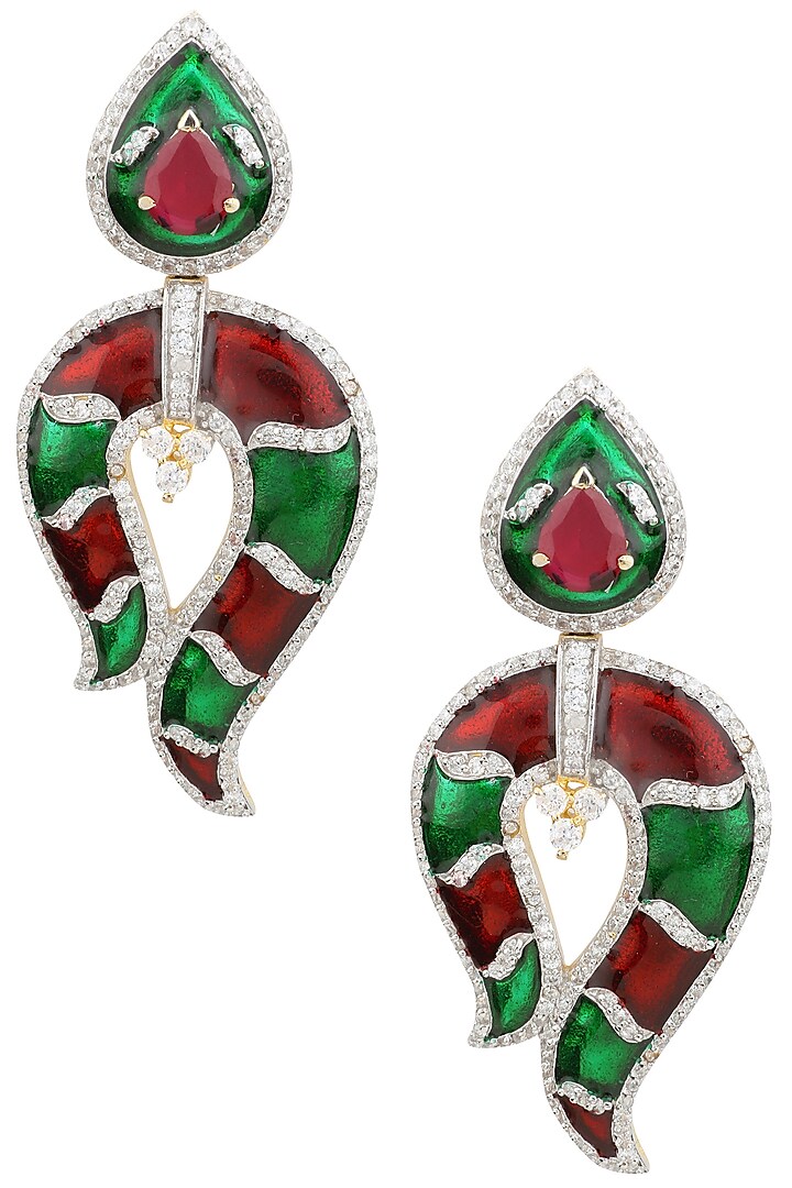 Matte Finish Red and Green Meenakari Earrings by Parure