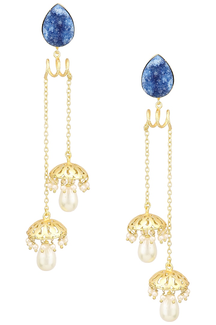 Matte Finish Blue Stone and Jhumki Drops Earrings by Parure