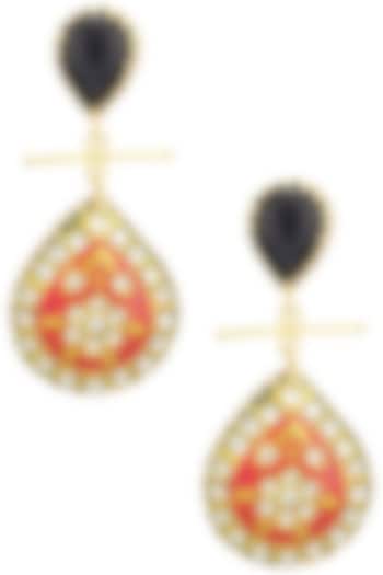 Matte Finish Red and Golden Meenakari Earrings by Parure