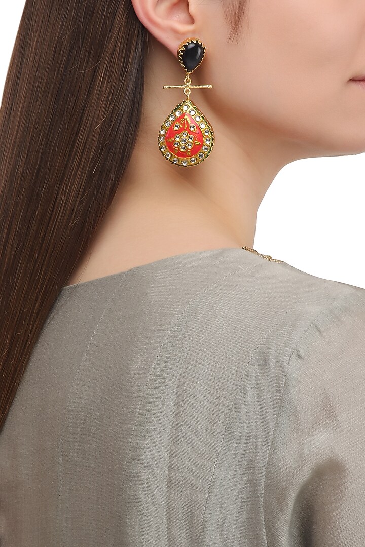 Matte finish red and golden meenakari earrings available only at Pernia's Pop Up Shop.