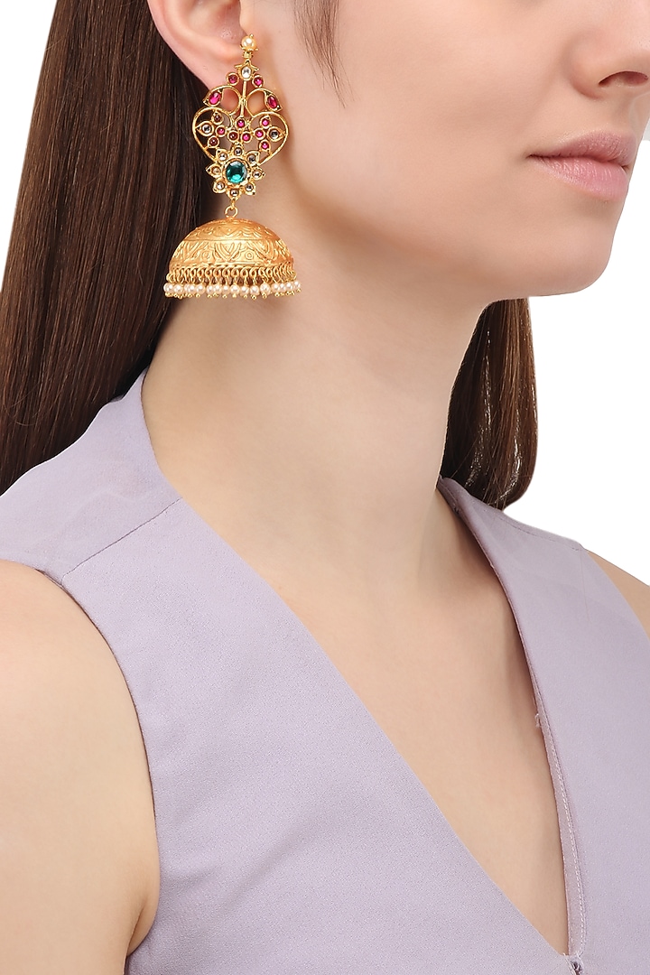 Matte finish multi-color zircons jhumki earrings available only at Pernia's Pop Up Shop.